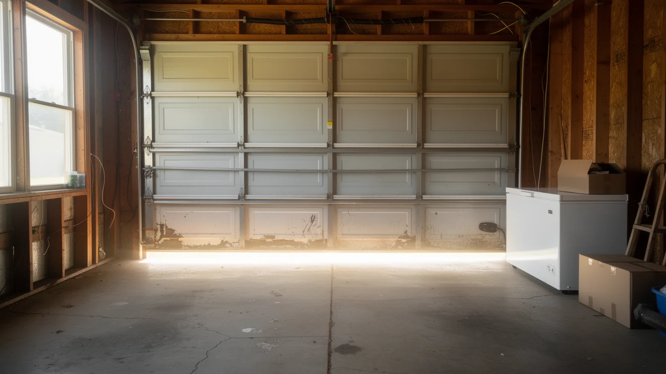 The garage door is partially open, showing light from outside.