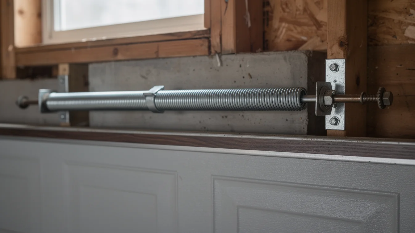 A torsion spring on a steel shaft mounted above a white garage door.