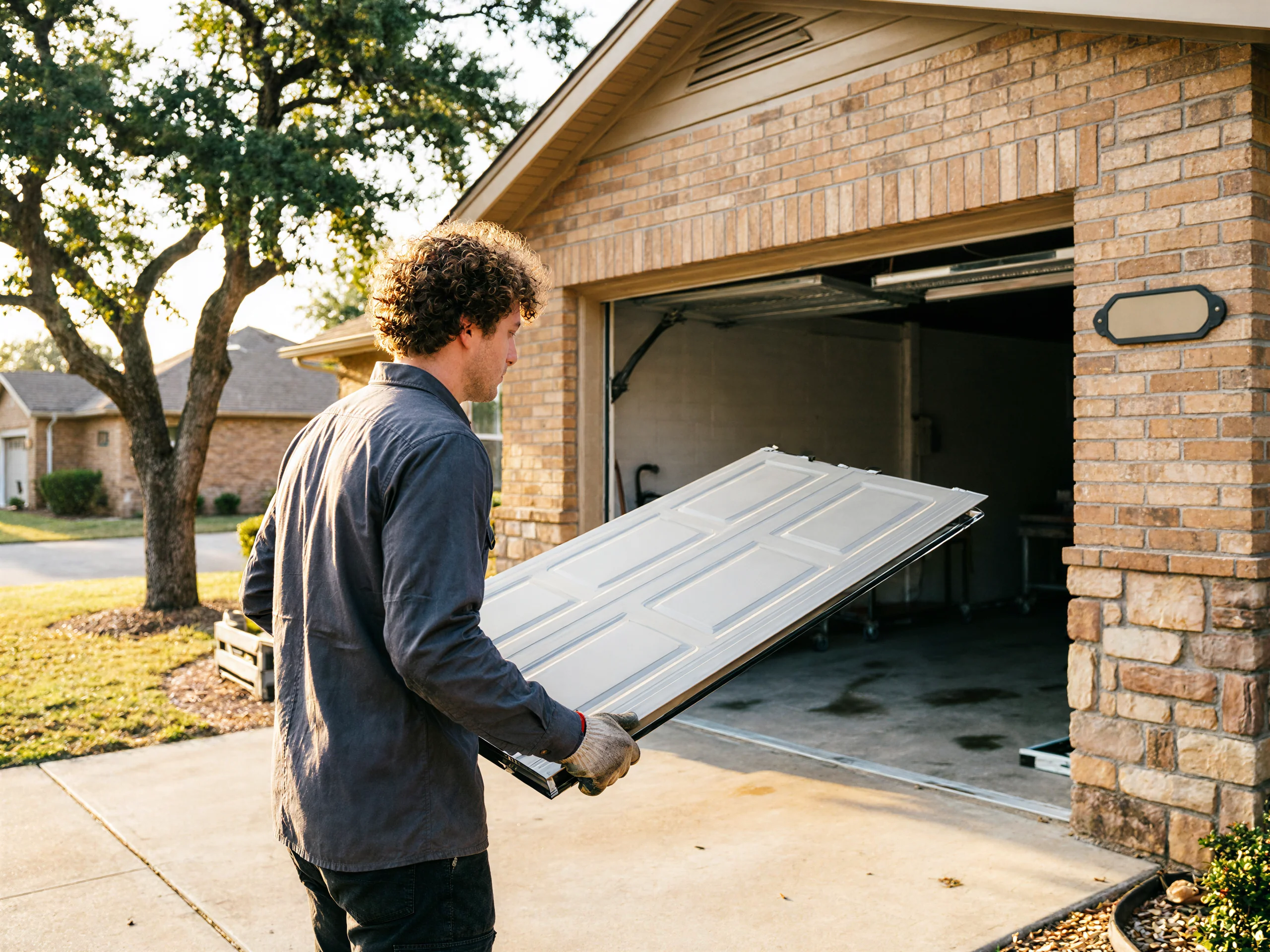 A technician carries a white garage door panel toward an open garage.