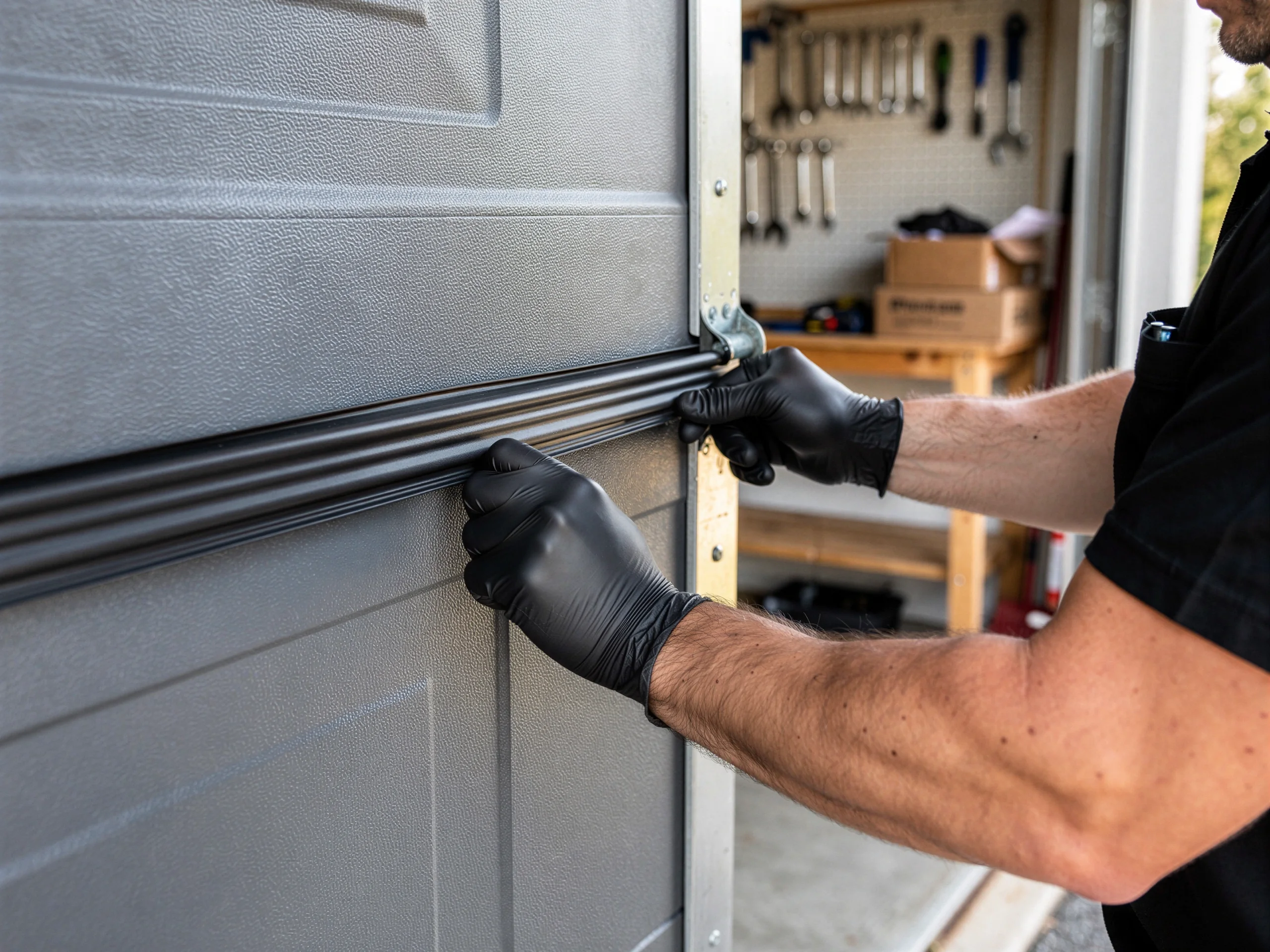 A technician in black gloves works on a gray garage door.