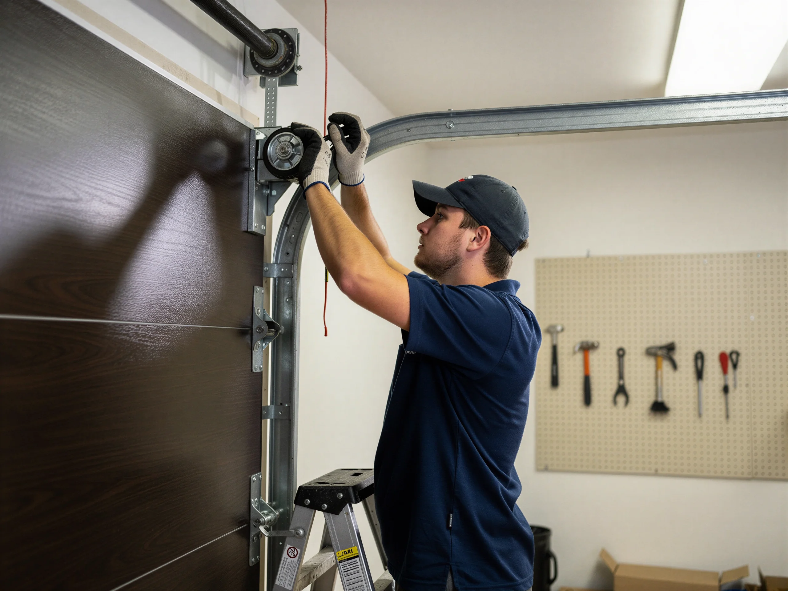 A technician on a ladder adjusts the top roller of a brown garage door.